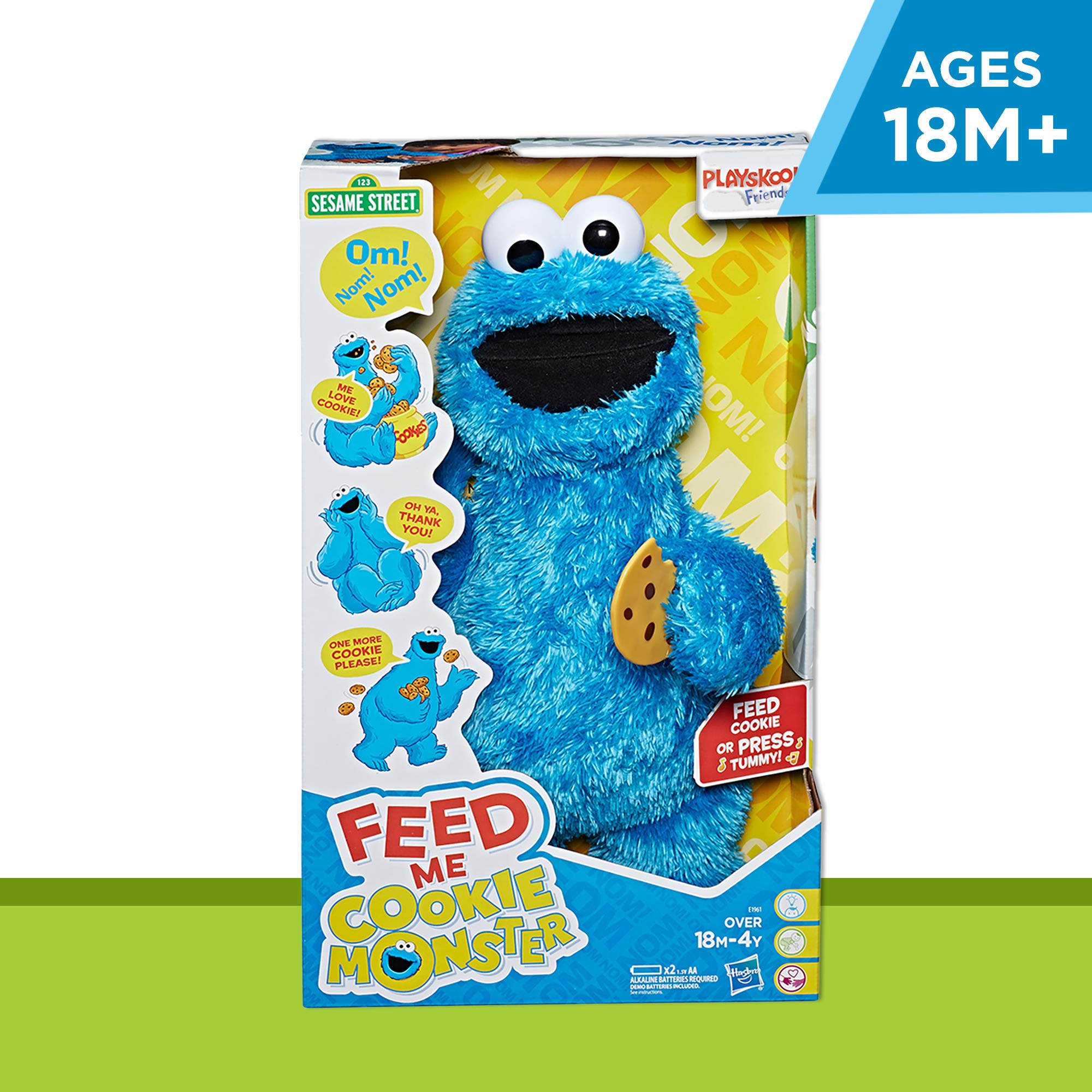 Sesame Street Cookie Monster plush, cookie-in-hand moment, beginner-friendly, promotes imaginative play.