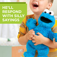 Sesame Street Cookie Monster plush, interactive cues for phrases and playtime.