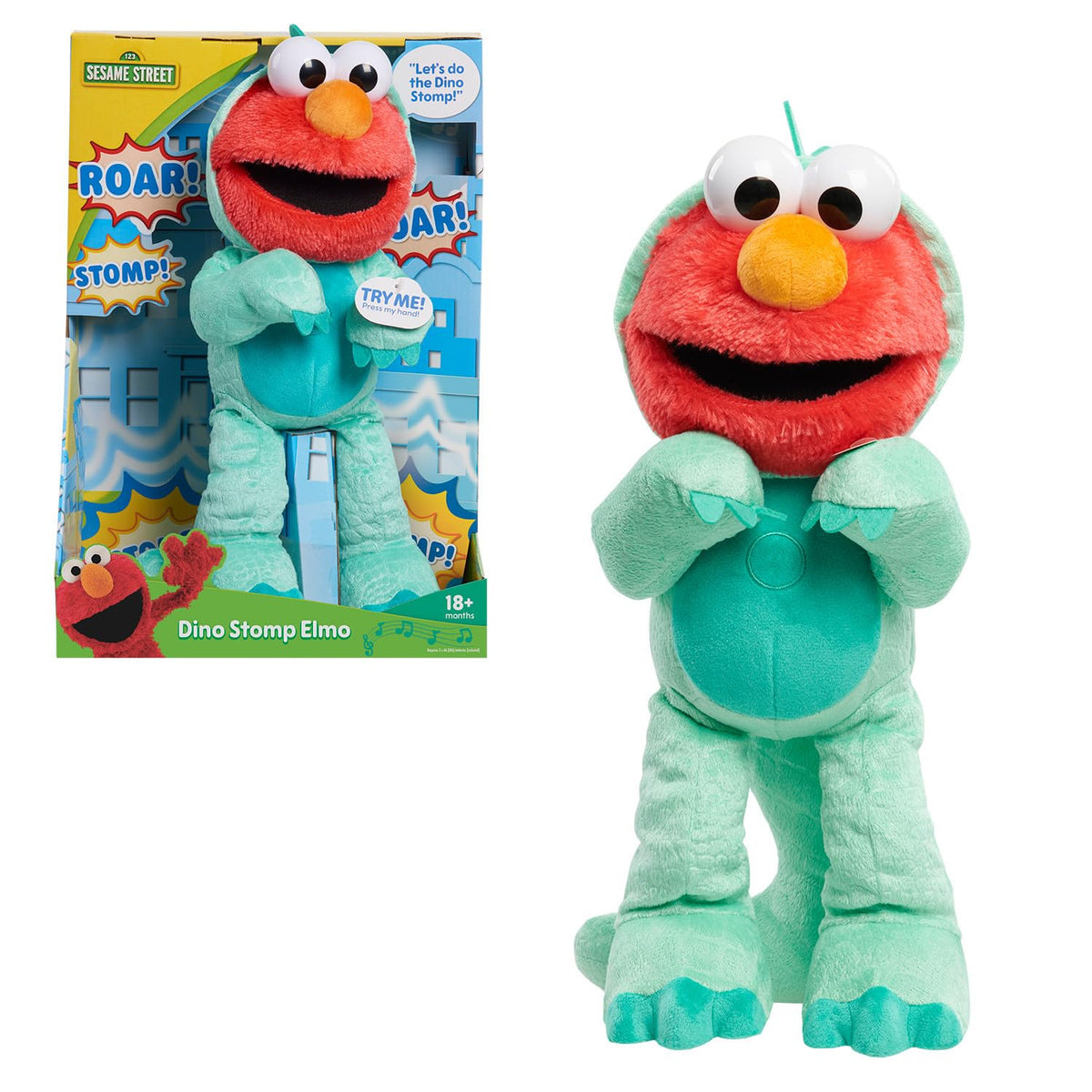 Sesame Street Dino Stomp Elmo plush in a green dinosaur costume for imaginative play.
