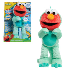 Sesame Street Dino Stomp Elmo plush in a green dinosaur costume for imaginative play.