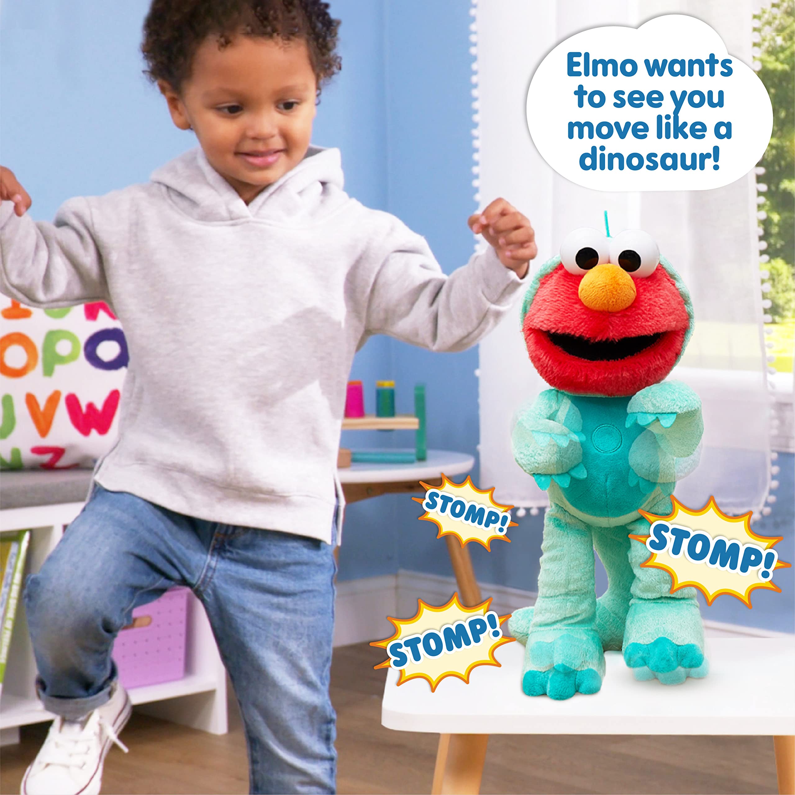Sesame Street Elmo plush uses soft fabrics and recycled fill for comfy snuggles.