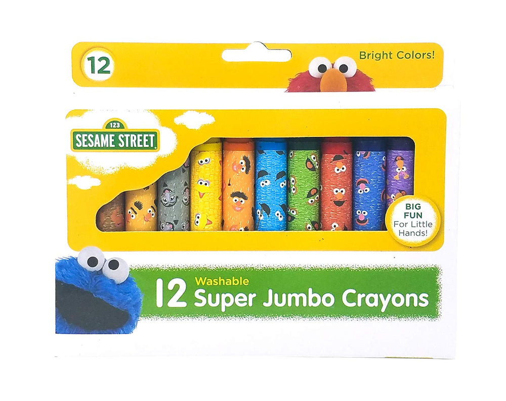 Sesame Street jumbo crayons, vibrant hues, 100% non-toxic for safe art play.