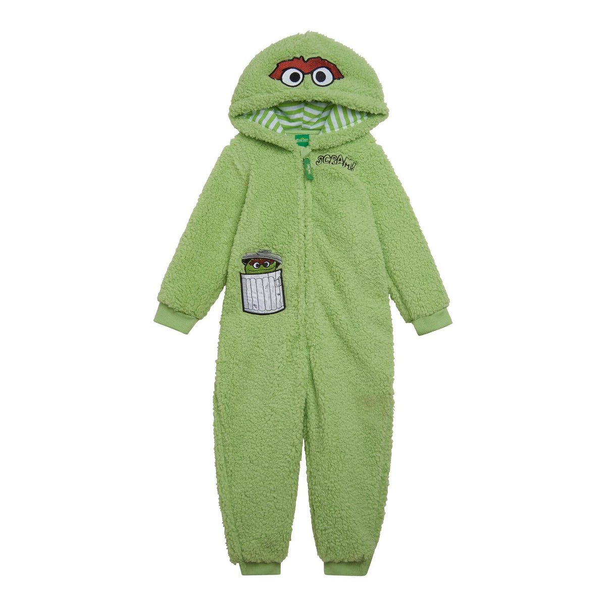 Sesame Street Oscar the Grouch infant hooded coverall for cozy, easy dressing.