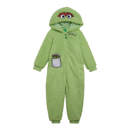 Sesame Street Oscar the Grouch infant hooded coverall for cozy, easy dressing.