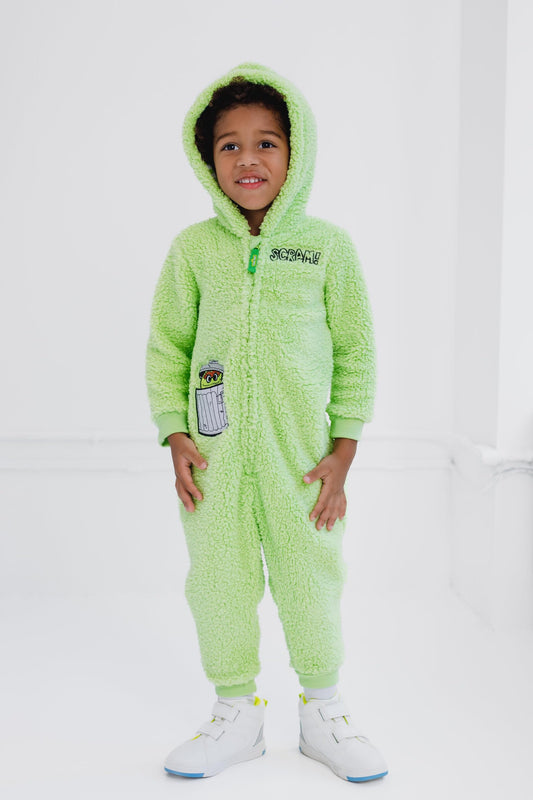 Sesame Street Oscar sherpa fleece outfit with zipper for quick changes.