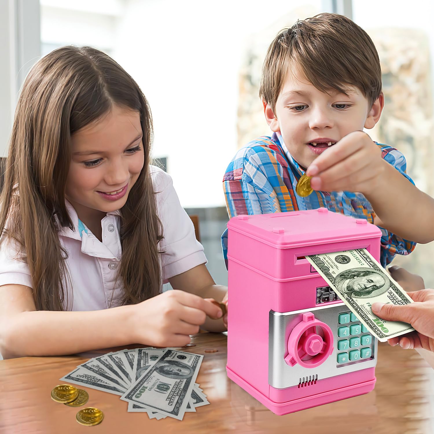 Setibre Piggy Bank ATM panel shows password protection for secure kid-friendly access