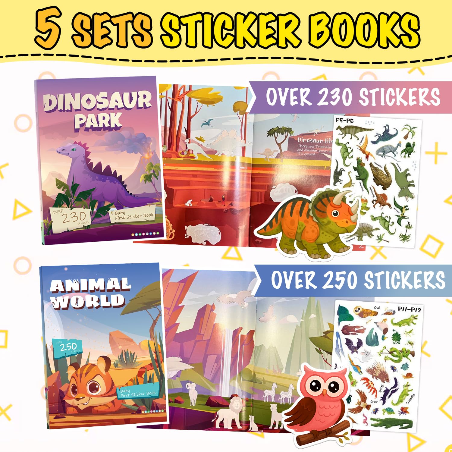 Sets of 5 Animal World sticker book cover fosters fine motor skills and color recognition.