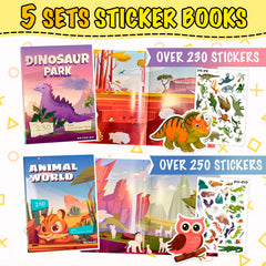 Sets of 5 Animal World sticker book cover fosters fine motor skills and color recognition.