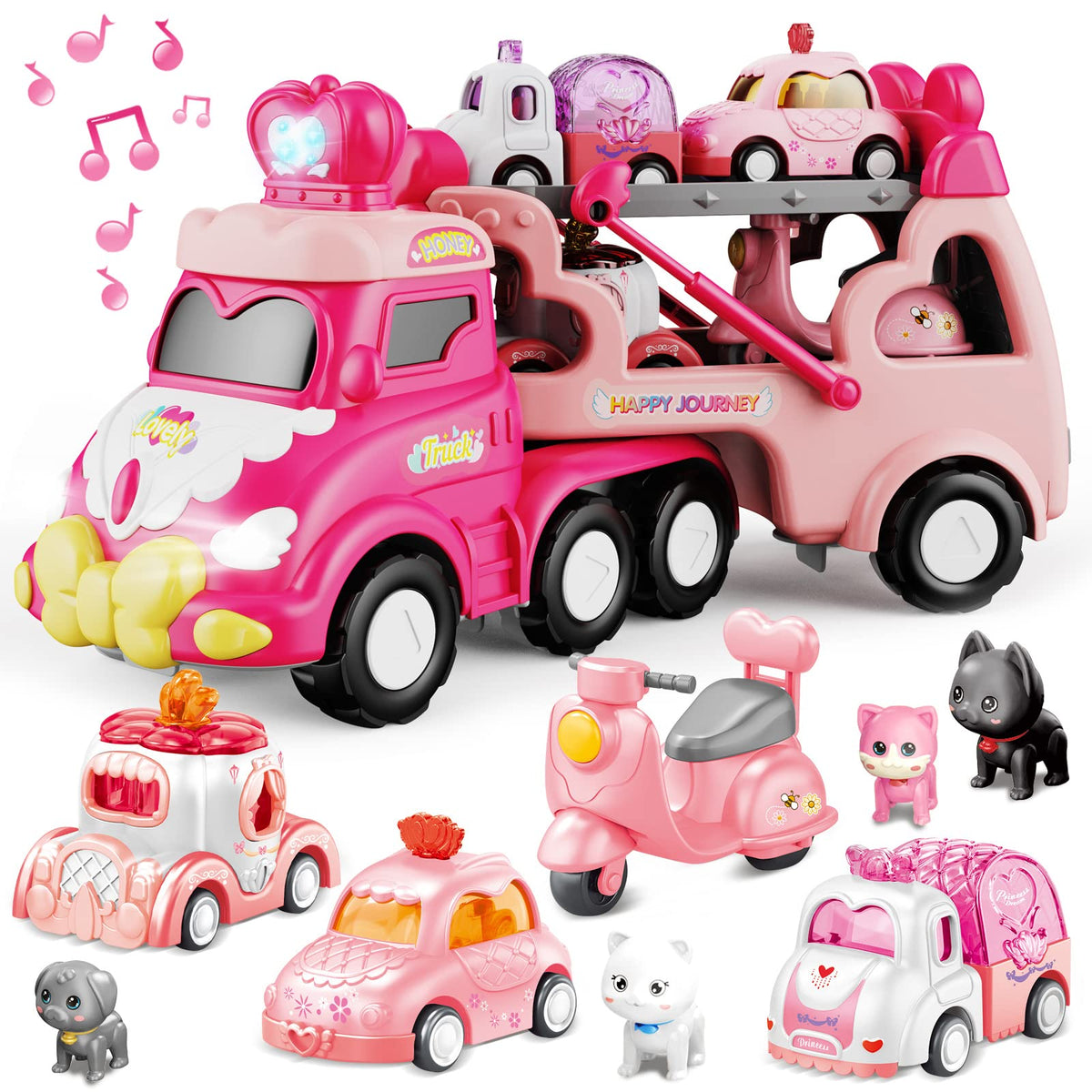 Seveclotree 9 in 1 princess car toy pink for toddlers with lights