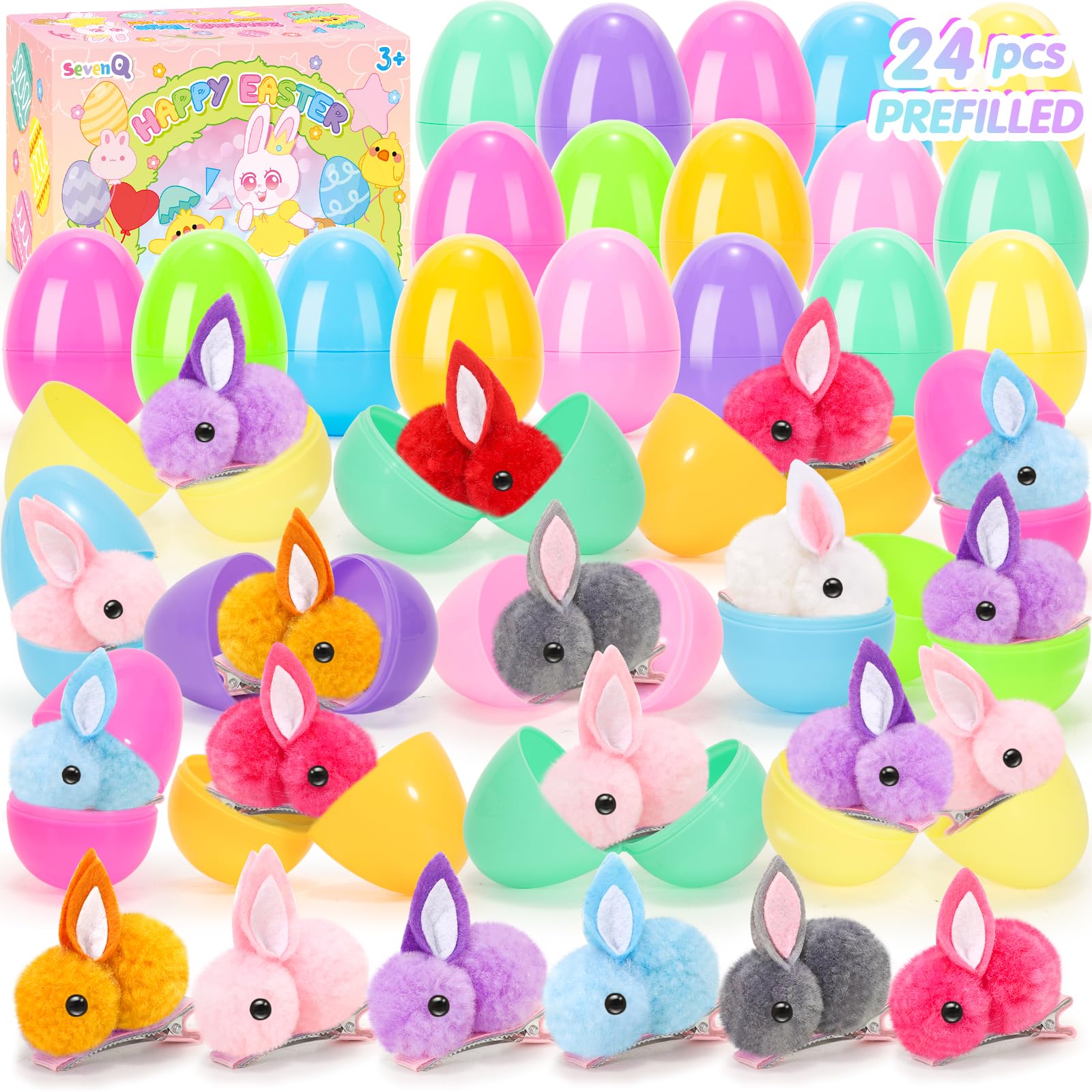 SevenQ Easter eggs fillers with bunny clips in bright colors for festive egg hunts