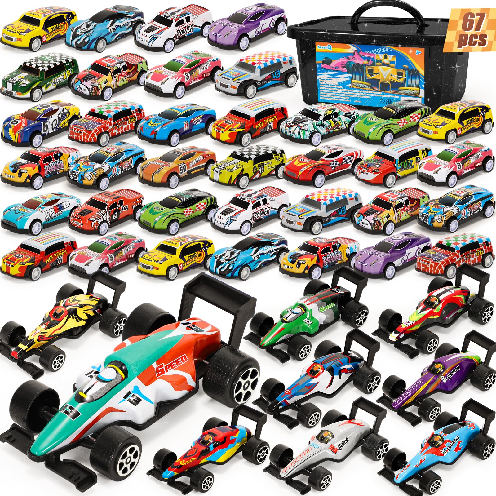 SevenQ pull-back cars, front view, ideal party favors for kids.