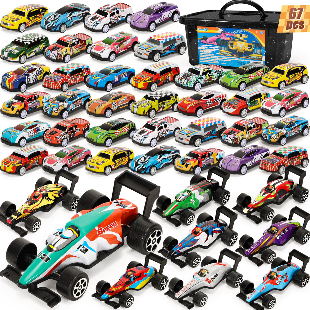 SevenQ pull-back cars, front view, ideal party favors for kids.