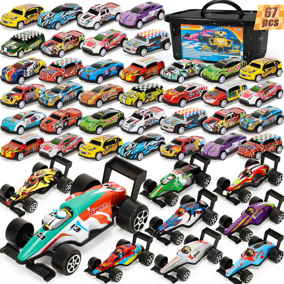 SevenQ pull-back cars, front view, ideal party favors for kids.