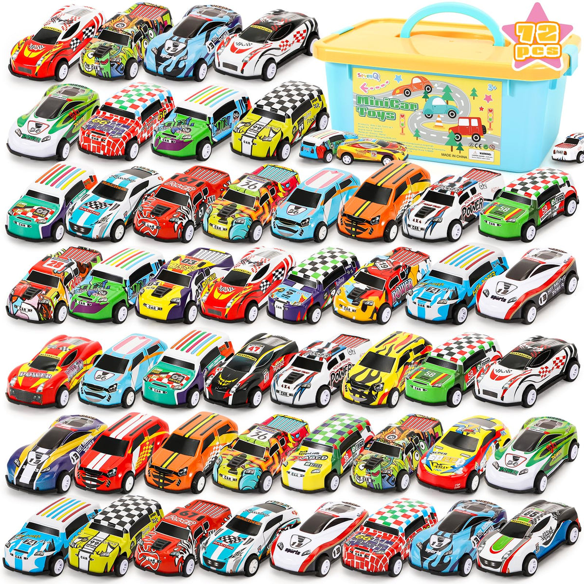 SevenQ pull-back cars with storage box, ideal for organized party favors and play.