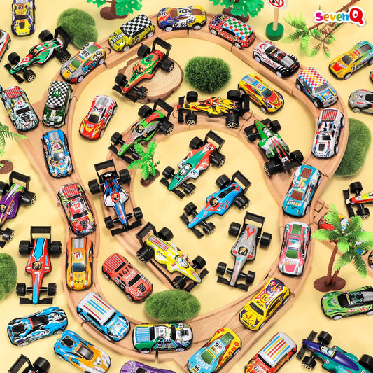 SevenQ storage box with cars, top view, keeps play tidy.