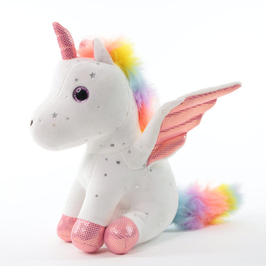 Sew Butiful unicorn plush close-up highlights iridescent mane and friendly eyes.