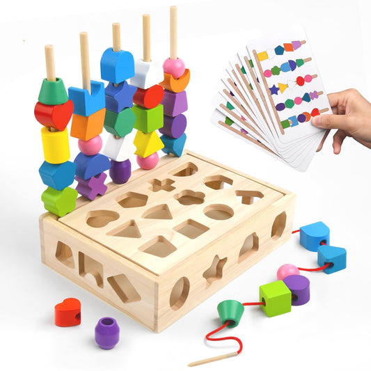 Sewulidon 3-in-1 wooden color sorter in setup for color and shape sorting.
