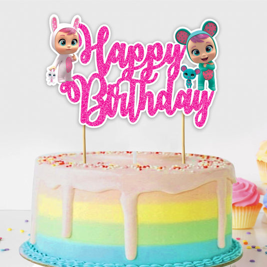 Seyal Cry Babes topper on cake adds a colorful centerpiece for birthdays