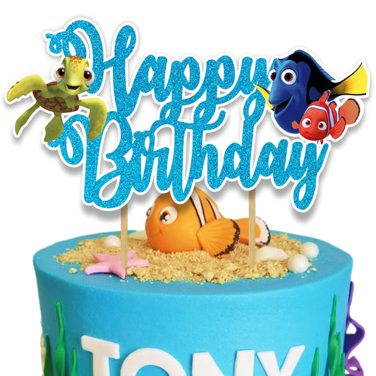 Seyal Findng Nmo Happy Birthday Topper with underwater clownfish design for ocean-themed cakes.