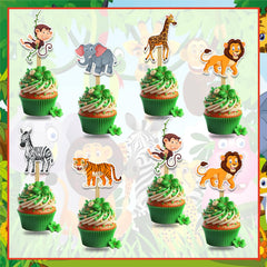 Seyal Jugle Safari Cupcake Topper ensemble highlights animal motifs on cupcakes.