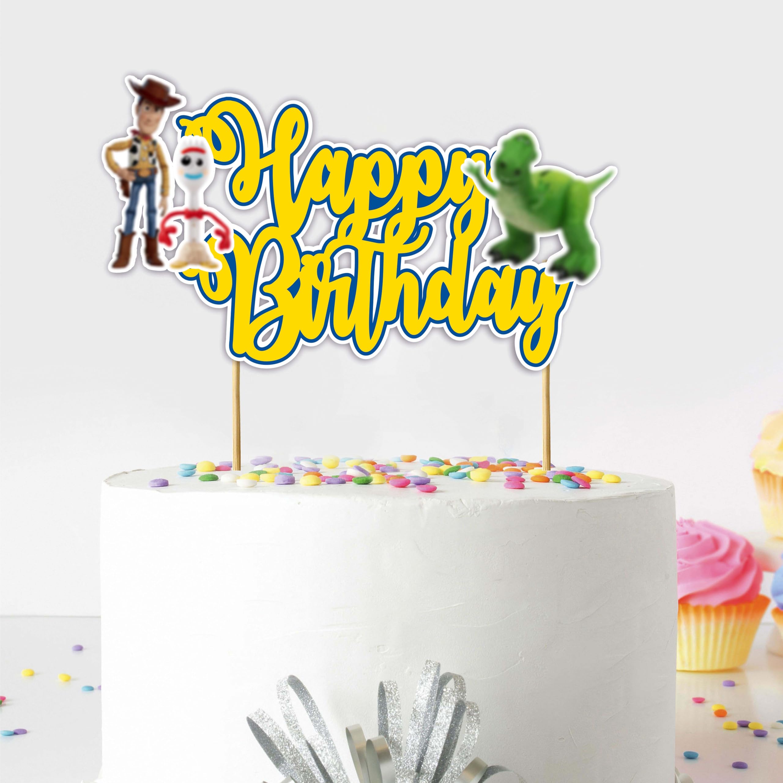 Toy Stry Happy Birthday Topper front view with vibrant colors for standout cake photos.