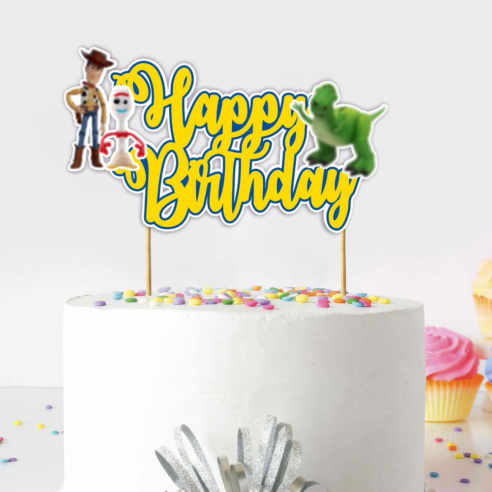 Toy Stry Happy Birthday Topper front view with vibrant colors for standout cake photos.