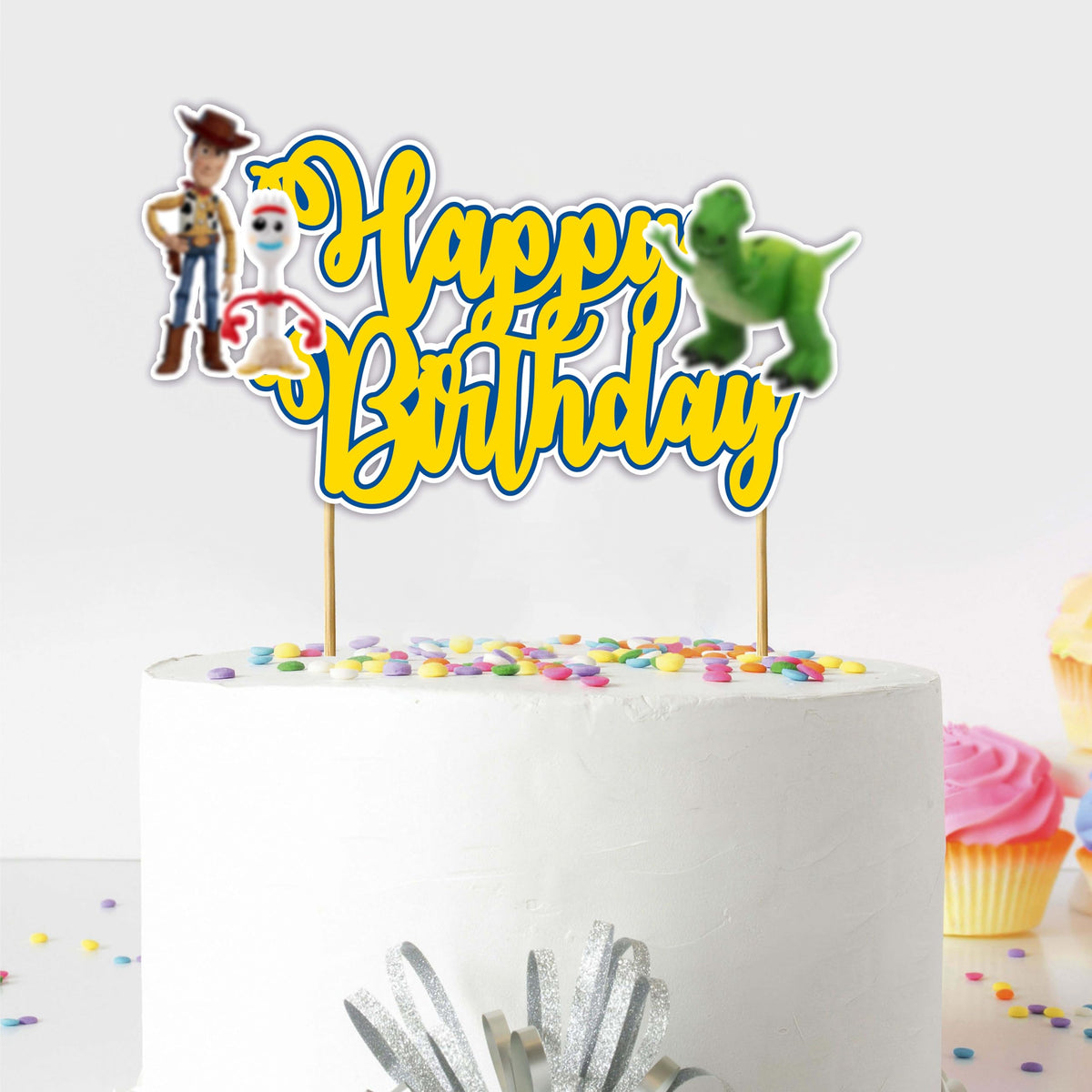 Toy Stry Happy Birthday Topper front view with vibrant colors for standout cake photos.