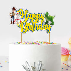 Toy Stry Happy Birthday Topper front view with vibrant colors for standout cake photos.