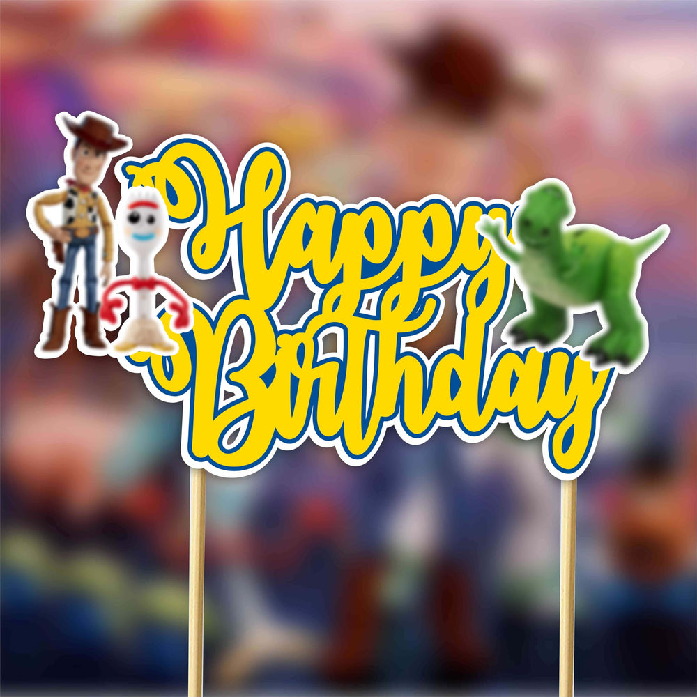Toy Stry Happy Birthday Topper packaging emphasizes eco-friendly, reusable decor.