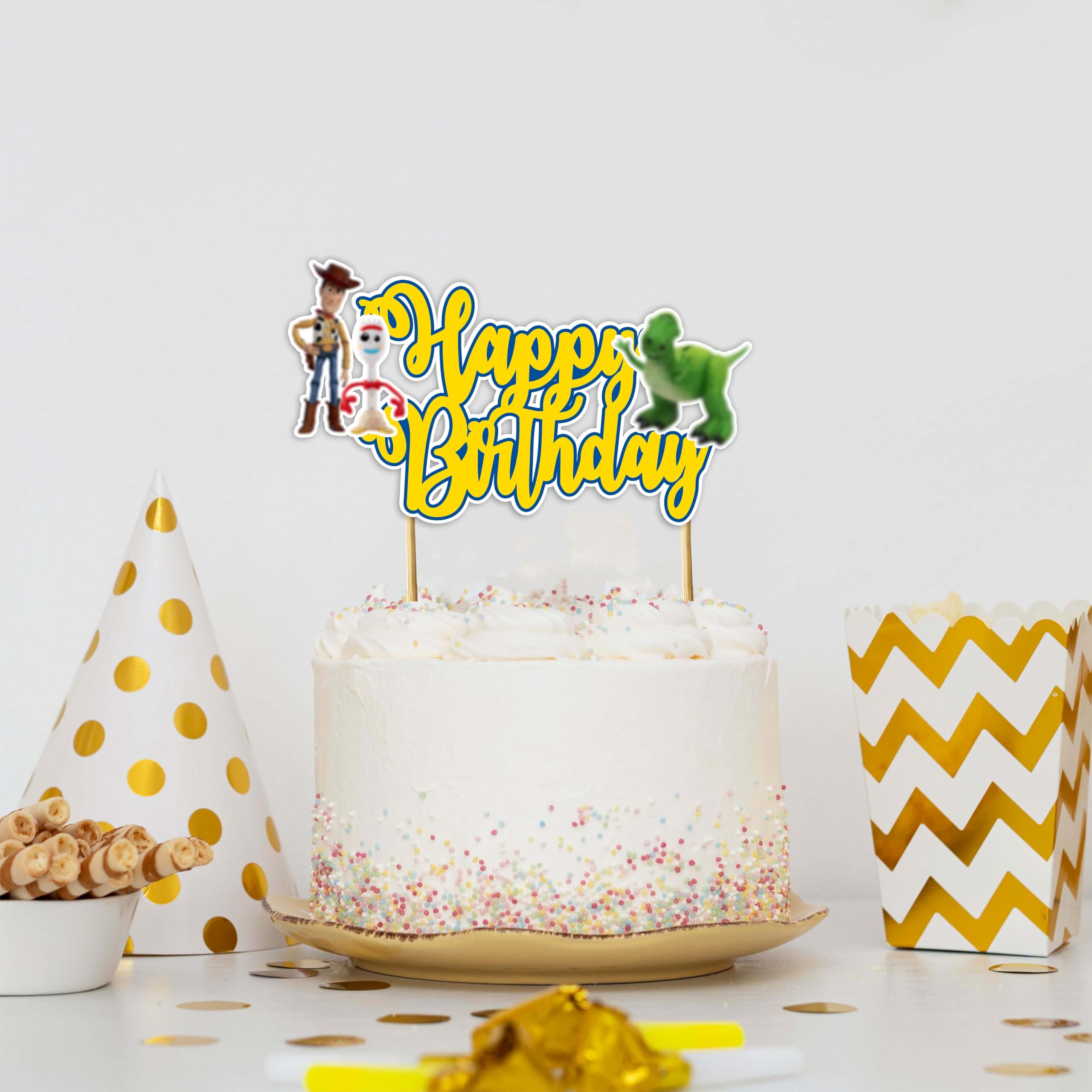 Toy Stry Happy Birthday Topper with sturdy stick base for secure dessert decoration.