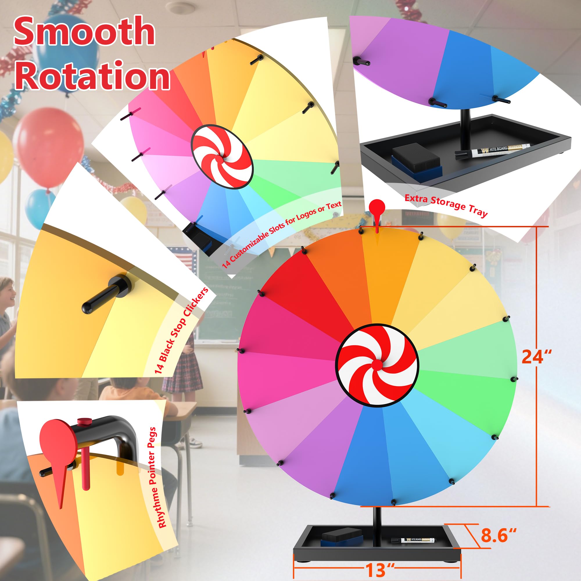SFTPO 14-color prize wheel sections clearly distinguish categories.