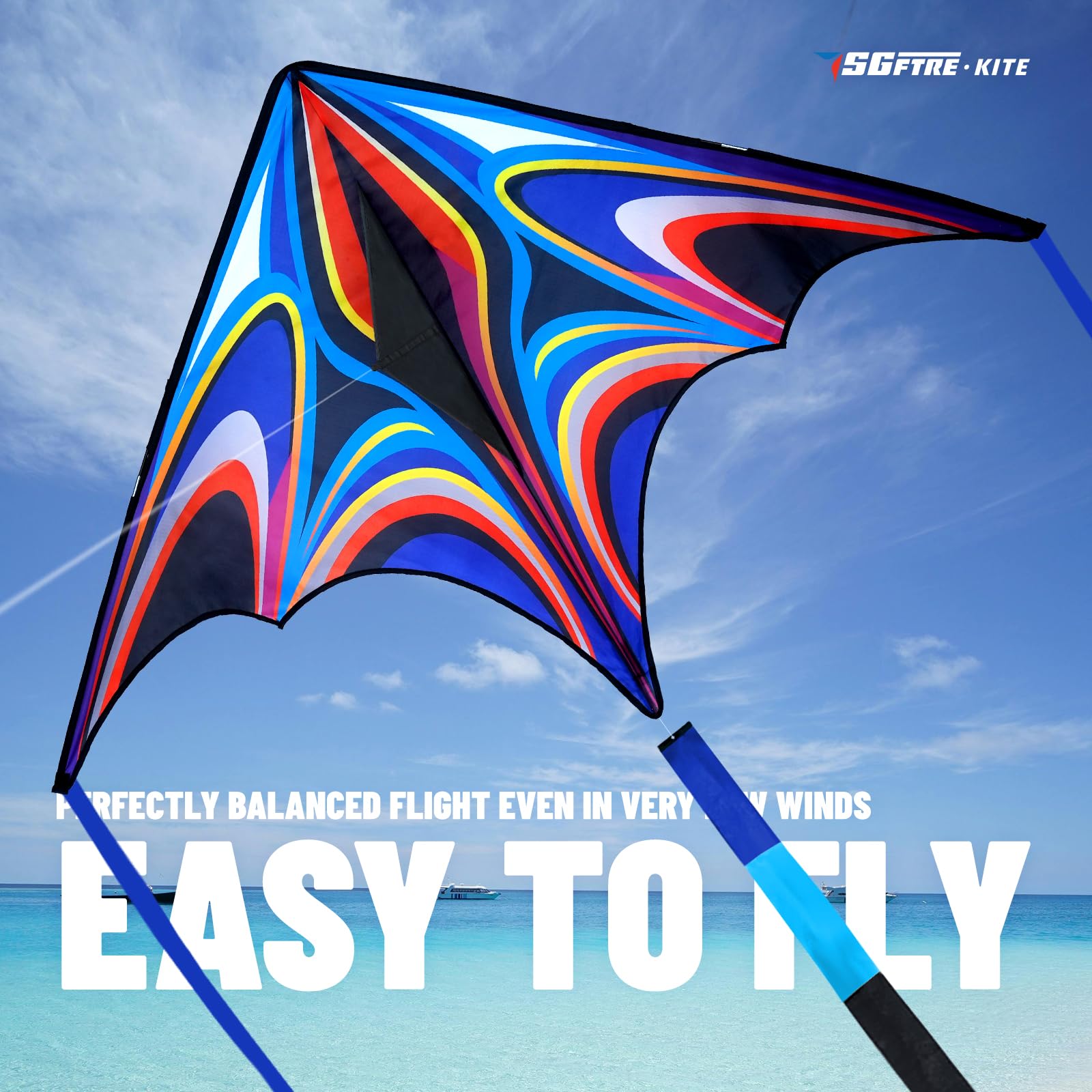 SGftre blue large delta kite includes a simple handle for control.