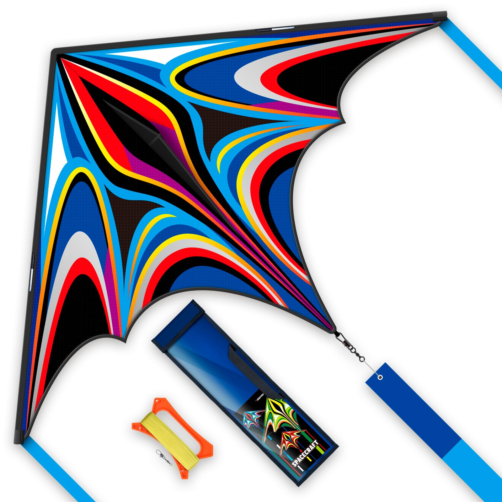 SGftre blue large delta kite soaring in open sky, easy for beginners.