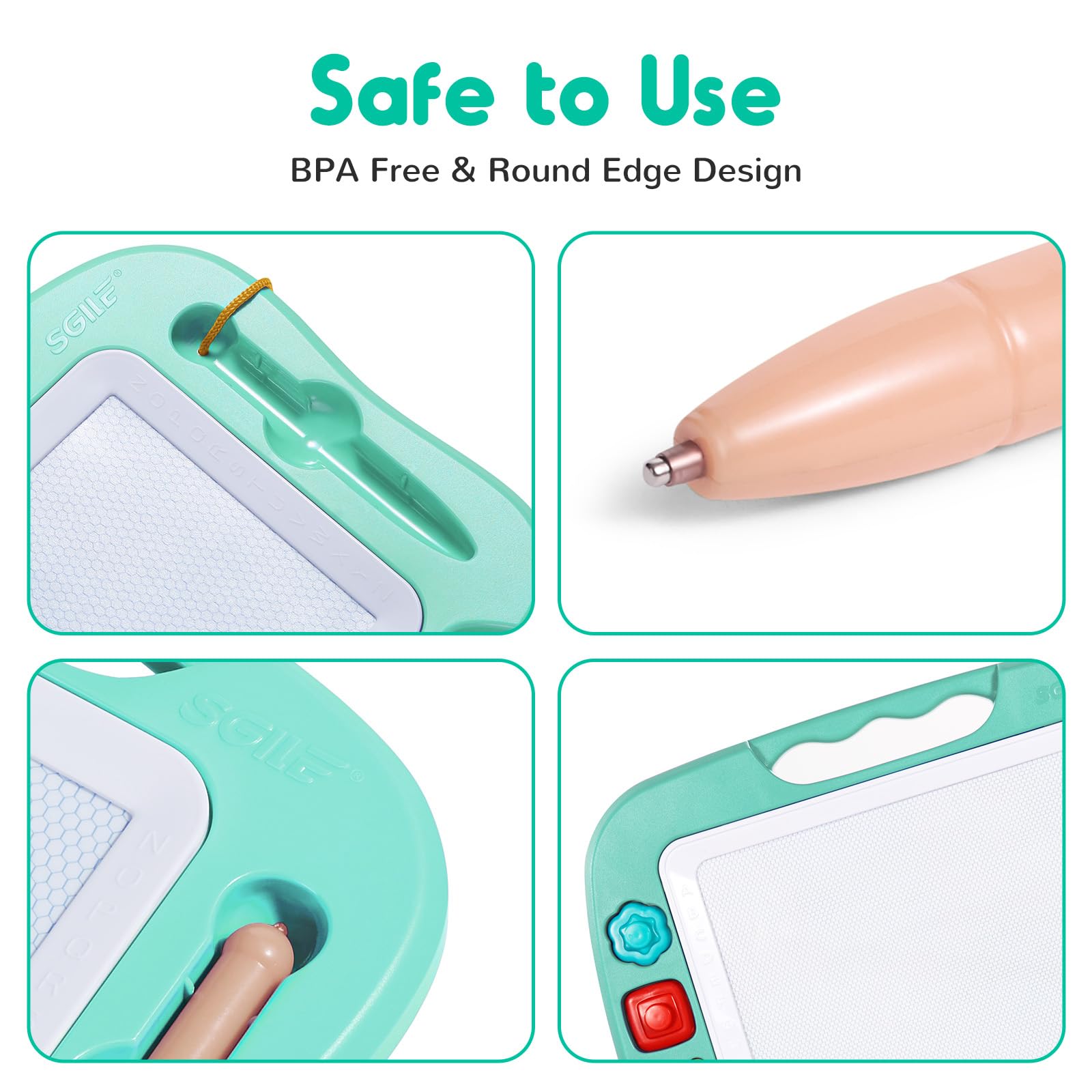 Curved pen tip design for comfortable, safe drawing by kids