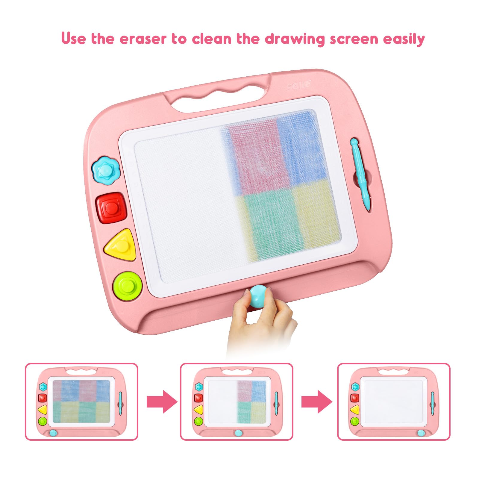 Magnetized stamps connect securely for mess-free drawing sessions.