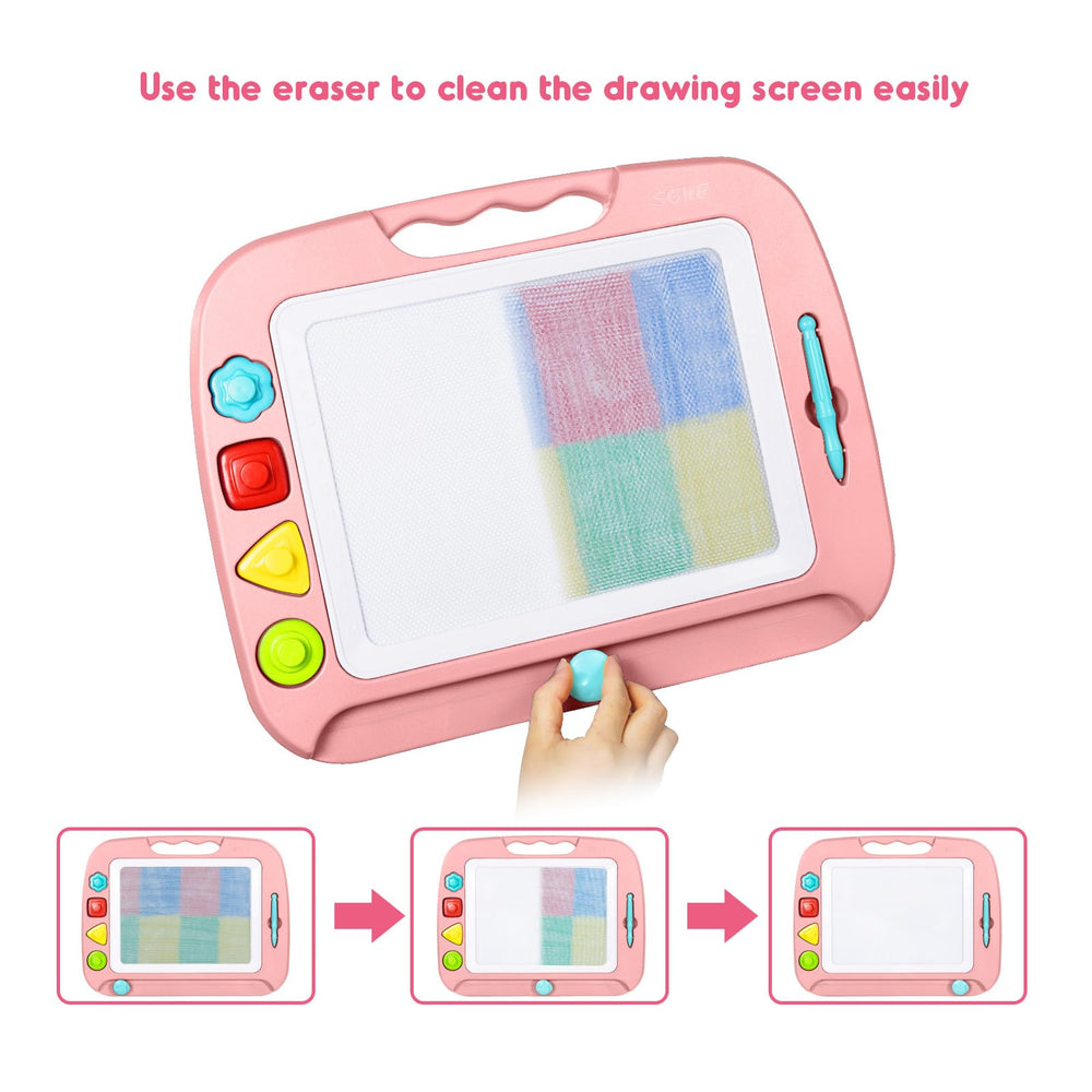 Magnetized stamps connect securely for mess-free drawing sessions.
