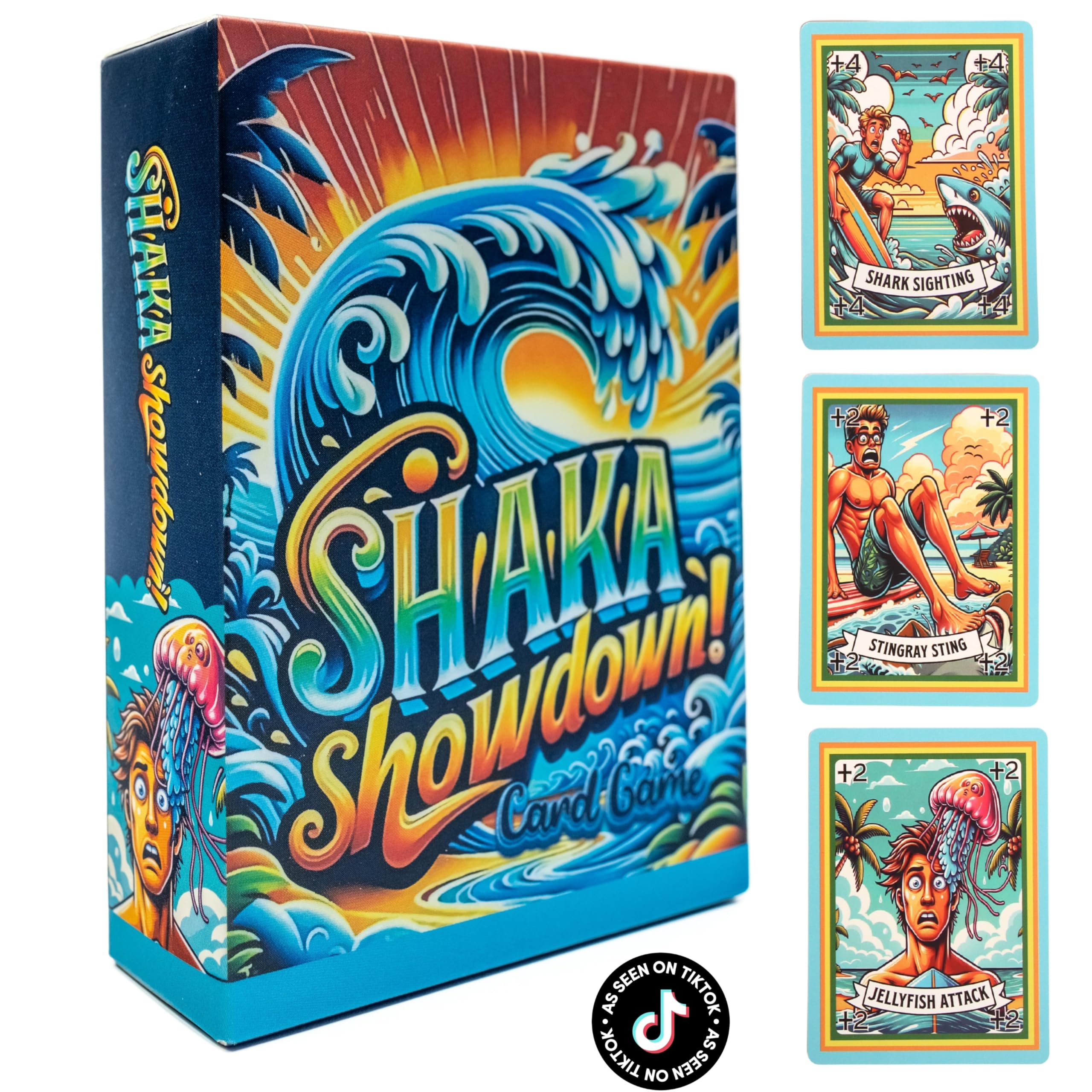 SHAKA Showdown packaging with vibrant surf art invites travel-friendly fun.