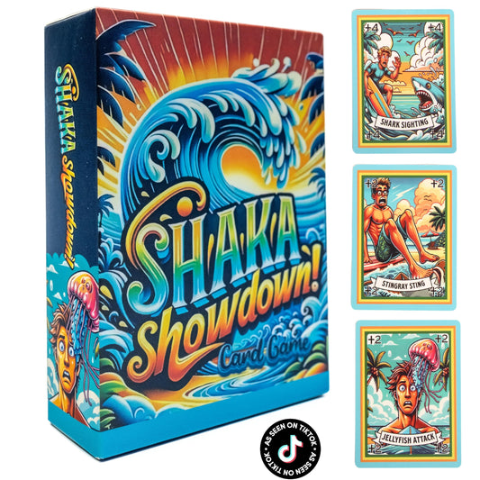SHAKA Showdown packaging with vibrant surf art invites travel-friendly fun.