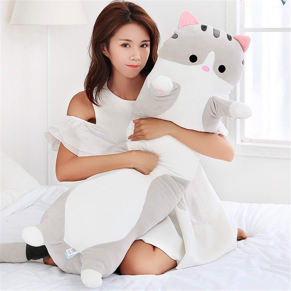Shangman lovely plush cat doll sleeping on bed shows cozy night-time companion.