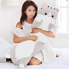 Shangman lovely plush cat doll sleeping on bed shows cozy night-time companion.