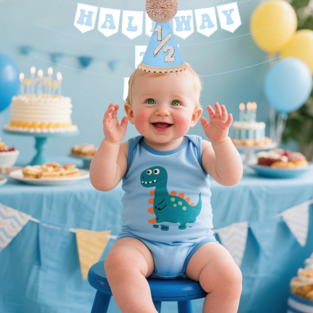 Shanmorine blue half birthday party scene with hat and banner