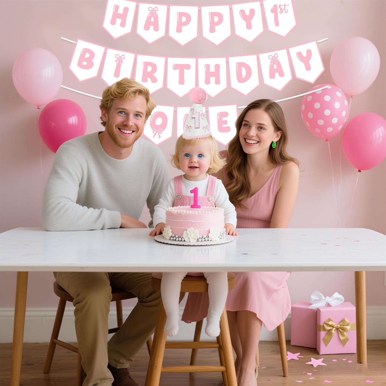 Shanmorine cake smash moment setup with pink decor.