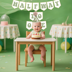 Shanmorine half birthday banner in sage green for festive backdrop