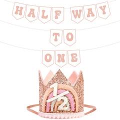 Shanmorine rose gold half birthday crown on a tiny head for a cute photo moment
