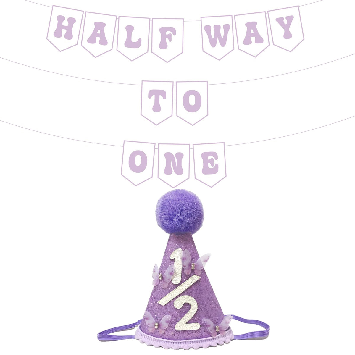 Shanmorine half birthday hat purple 3D butterfly adds whimsy to photos.