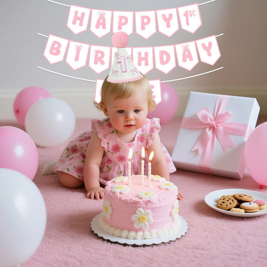 Shanmorine pre-strung banner for 'HAPPY 1st BIRTHDAY ONE' makes decor setup easy.