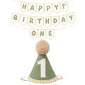 Shanmorine sage green first birthday hat adds cheerful color to milestone photos.