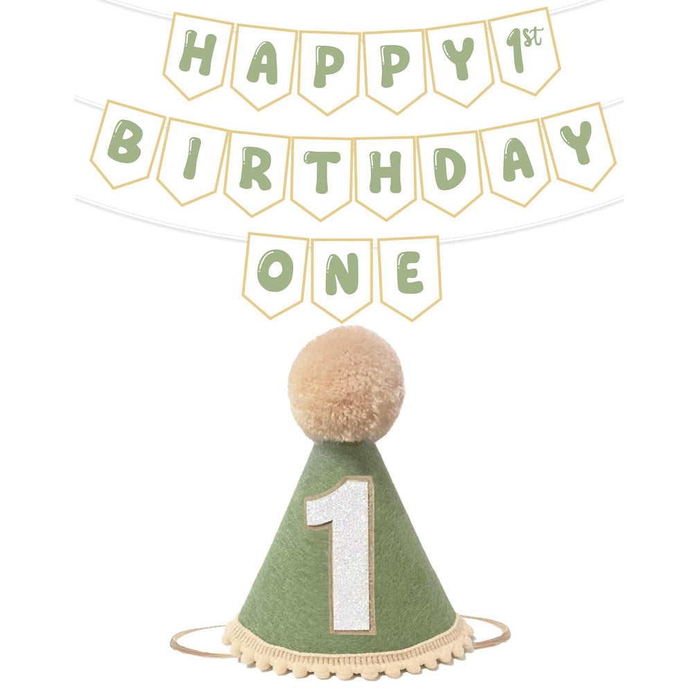 Shanmorine sage green first birthday hat adds cheerful color to milestone photos.