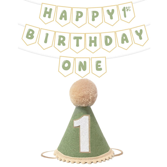 Shanmorine sage green first birthday hat adds cheerful color to milestone photos.