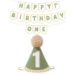 Shanmorine sage green first birthday hat adds cheerful color to milestone photos.